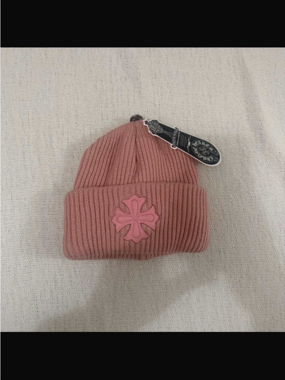 Chrome Hearts Pink Ribbed Beanie with Cross Patch